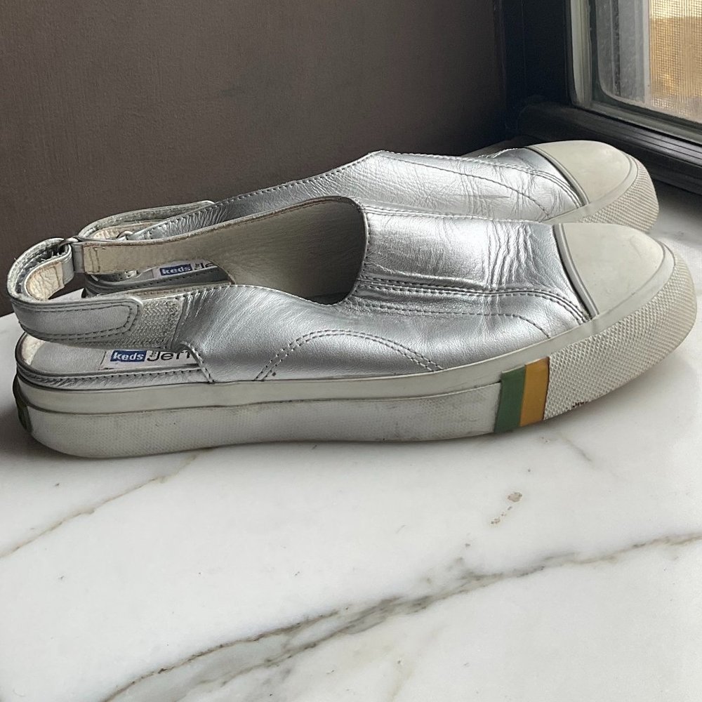 JEFFREY for KEDS Metallic Silver Leather Slip On Platform Sneakers